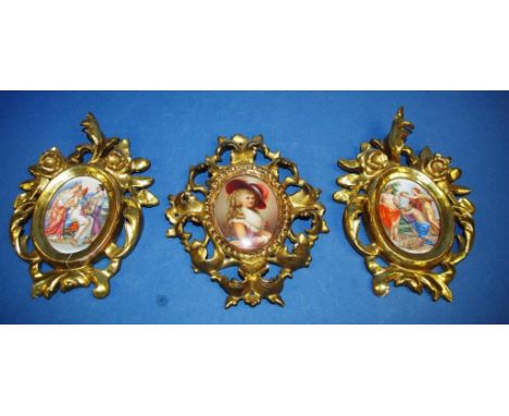 Three assorted vintage ceramic plaques in decorative Roccoco style frames, two with classical scenes, 8cm x 6cm (image) appro