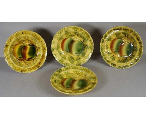 Set four Sarreguemines ceramic dessert bowls apple decorated on figured leaf ground. Stamped to bases. Diameter 18cm approx e