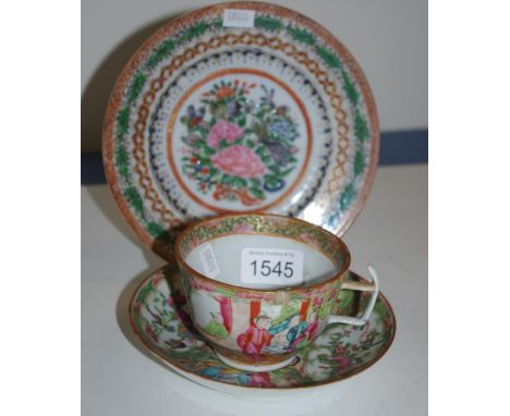 Vintage Chinese famille rose trio including cup (as inspected: rim chip), saucer and plate.