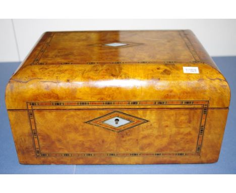 Victorian walnut & mother of pearl work box 30cm x 23cm, 15cm high approx., damage to lid