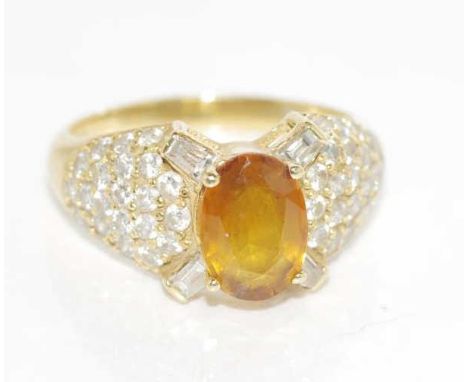 18ct yellow gold, orange sapphire & diamond ring weight: approx 6.42 grams, size: N/6-7, valuation copy available