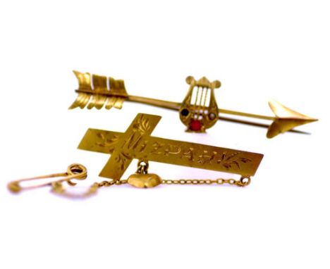 Two vintage 9ct gold brooches including MIZPAH and arrow, weight: approx 6.28 grams