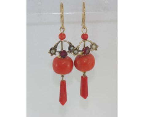 Antique red coral and seed pearl earrings with 9ct gold hooks