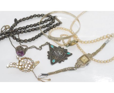 Hallmarked silver bracelet, marcasite watch, synthetic alexandrite ring, three necklaces