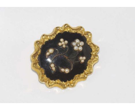 Antique enamel and pearl mourning brooch with open locket back, on rear "In remembrance of Thomas Sherratt who died 7th June 