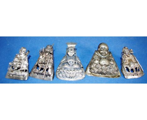 Five various Chinese silver corner decorations each of hand beaten figure. Test confirms 4 as sterling silver, and 1 as 750 s