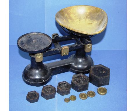Vintage set English 'The Viking'  kitchen scales marked for F.J. Thornton & C. Ltd,,  Wolverhampton. Black with brass basin a