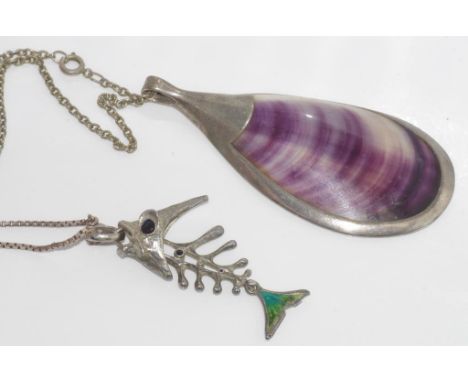 Large silver and shell pendant on vintage chain together with a fish enamel pendant on a silver chain