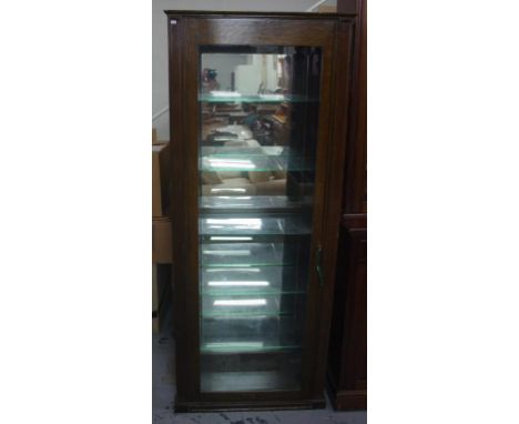 Vintage oak vertical showcase with mirrored back and glass shelves, 77cm wide, 42cm deep, 190cm high