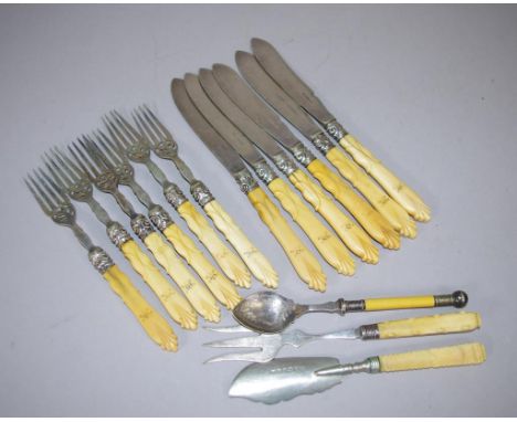 Setting for six silver plate& bone handle fish set together with a pickle fork and butter knife