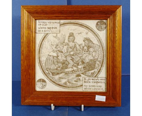 Victorian framed ceramic tile trivett 'Three Wysemen of old Went to Sea in a Bowl..' Registered mark for 1883 to base. 15cms 