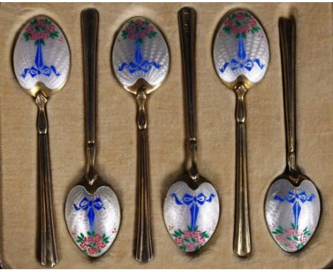 Set six George VI silver & enamel teaspoons Birmingham 1948, makers TS. Gilt over silver, with floral enamel decoration. In o