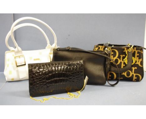 Four various ladies handbags to include a black Oroton, a black crocodile with gold plated chain strap, a white Serenade beve