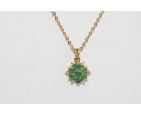 9ct yellow gold, emerald and diamond pendant on 9ct gold chain, total weight: approx 3 grams, size: pendant approx 2cm includ