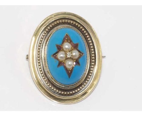 Victorian 18ct gold, enamel mourning brooch set with pearls and diamond, weight: approx 7.3 grams