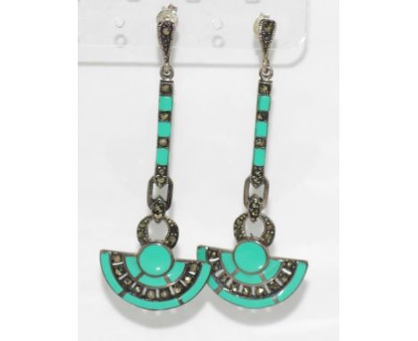 Art Deco style silver and enamel drop earrings