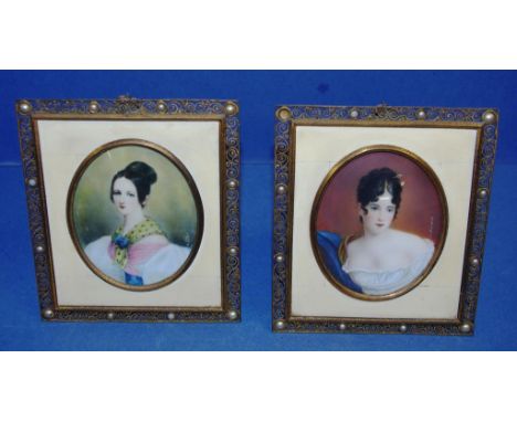 Two handpainted portrait miniature both signed & in decorative filigree frames, 14.5cm x 13cm approx.