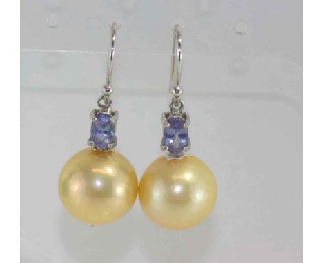 Golden coloured cultured pearl &tanzanite earrings 13mm pearls, with 9ct gold hooks