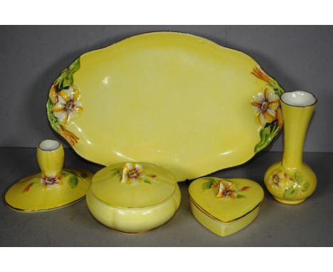 Royal Winton yellow Petunia dressing table set comprising tray, vase, candlestick (a/f) & 2 lidded trinket boxes