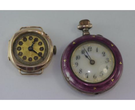Vintage 9ct gold ladies watch face together with a vintage silver and enamel pocket watch (both as inspected)
