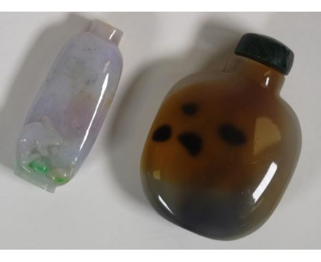 Chinese carved jade snuff bottle with mouse, together with a Chinese hard stone snuff bottle, height 6.5cm approx