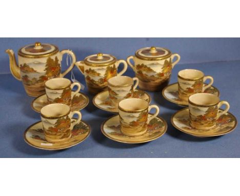 Fifteen piece Satsuma coffee set including 6 coffee cups & saucers, coffee pot, creamer and sugar bowl. Black character mark 