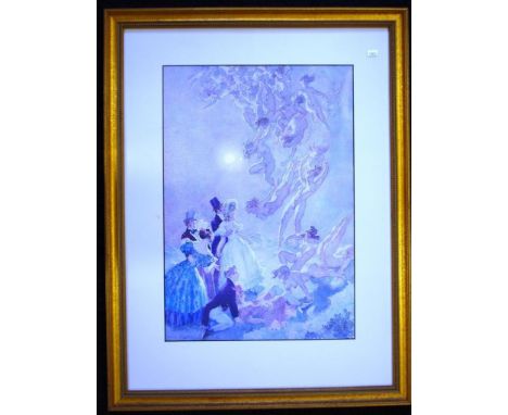 Norman Alfred Lindsay (1879-1969) framed print coloured print, in gilt frame, signed a dated 1947 in the print. 53cm X 36cm a