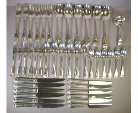 Sterling silver cutlery set fiddle thread and shell pattern, comprising of a sauce ladle and 6 each main forks, entree forks,