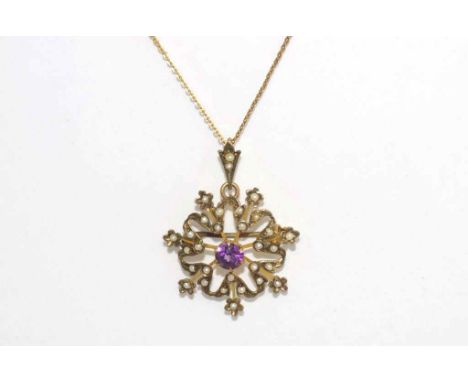 Edwardian 9ct gold pendant/brooch set with  amethyst & seed pearl on 9ct chain, total weight: approx 3.65 grams