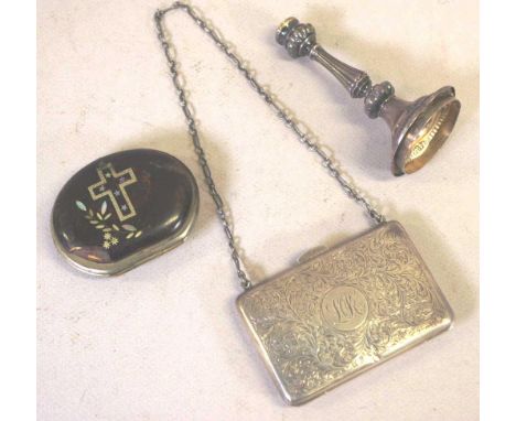 Vintage sterling silver purse hallmarked Birmingham 1913, together with a sterling silver miniature candlestick & a tortoise 