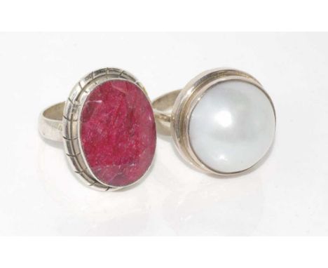 Two large silver rings rough ruby and mabe pearl, size: approx O/7
