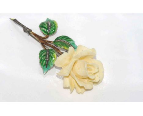 Vintage enamel, marcasite and ivory flower brooch set in silver, circa 1950-60, size: approx 8.5cm length (unmarked but teste