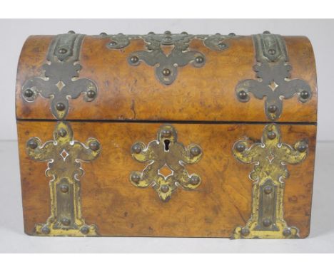 Victorian burr walnut dome top tea caddy with cut brass mounts, interior empty, 24cm wide, 16cm high