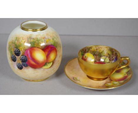 Signed Royal Worcester vase, cup and saucer all with hand painted fruit decoration, the vase signed Roberts, 8.3cm high, the 