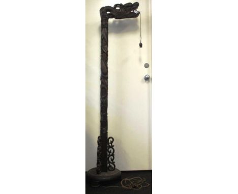 Vintage Chinese carved hardwood floor lamp carved hardwood in form of dragon head and body. Fitted for electricity. Height 18