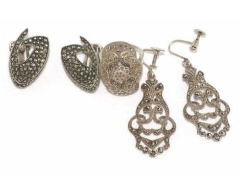 Marcasite clip and screw earrings with a marcasite ring, size: M/6