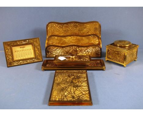 Rare Tiffany vintage six piece desk set all with stamp Tiffany, New York, including inkwell, pen tray, blotting paper roller,