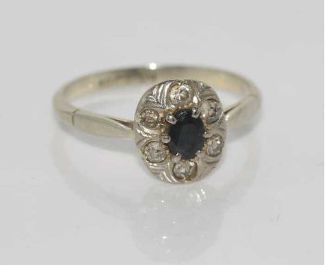 Vintage 18ct white gold, sapphire and diamond ring marked 18ct PL, weight: approx 2.48 grams, size: P-Q/8