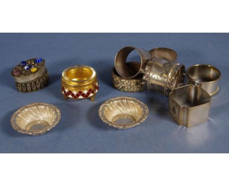 Russian enamel & glass open salt together with 5 various silver plate napkin rings; pair small silver plate dishes; small lid