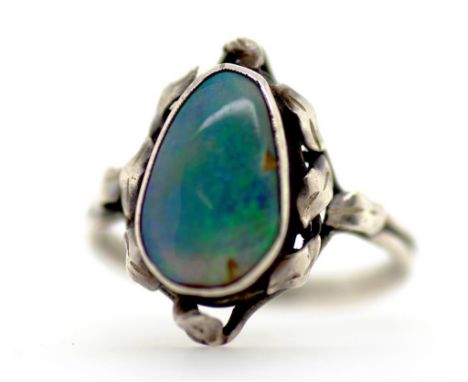 Vintage silver and solid opal ring with leaves around opal, size: approx Q-R/8