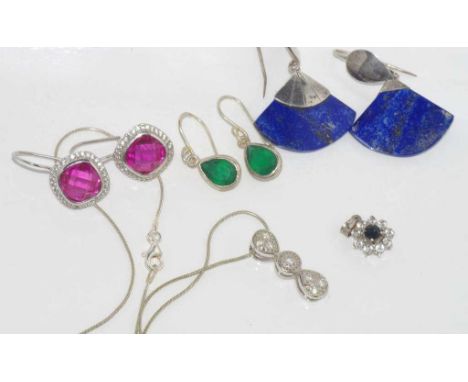 Various earrings including lapis lazuli some marked silver with a silver pendant and a sapphire pendant