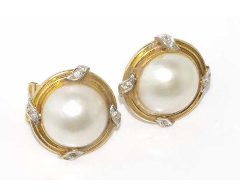14ct yellow gold, mabe pearl and diamond earrings with post and clip fittings, weight: approx 11.3 grams (unmarked but tested
