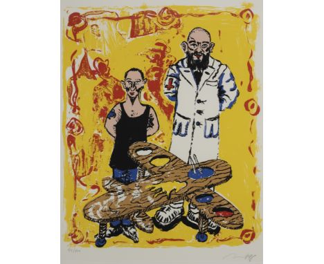 Immendorff, JörgBleckede bei Lüneburg, 1945 - Düsseldorf, 200781 x 64 cm, R."Selbst mit Baselitz", 1998. Farbserigraphie auf 