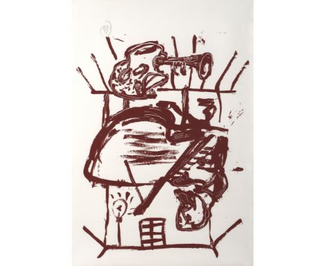 Lüpertz, MarkusLiberec/Böhmen, 1941Blattgröße: 107 x 77 cm, R.Selbst als Klavierspieler. Serigraphie im rotbraun auf Bütten. 
