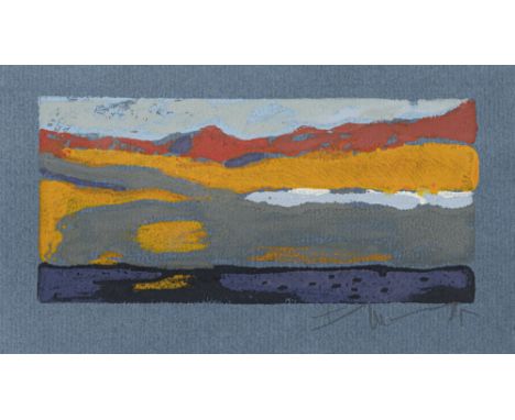 Fußmann, KlausVelbert, 1938Blattgröße: 11 x 19 cm, R.Landschaft. Farblinolschnitt auf blauem Bütten. In Bleistift unten recht