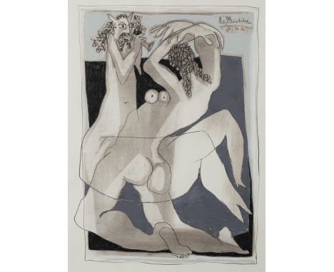 Peschke, ChristianSäckingen, 194662 x 44 cm, R.Pan mit Nymphe, 1982. Pastell und schwarzer Stift auf Papier. In schwarzem Sti