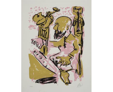 Lüpertz, MarkusLiberec/Böhmen, 1941Blattgröße: 70 x 53 cm,Selbst am Klavier. Farbserigraphie auf Papier. In Bleistift unten r
