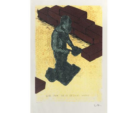 Immendorff, JörgBleckede bei Lüneburg, 1945 - Düsseldorf, 2007Blattgröße: 100 x 70 cm; 83,5 x 59,5 cm, R."Gib dir dein Gesich
