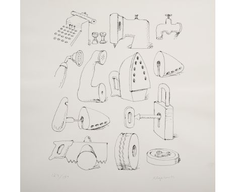 Klapheck, KonradDüsseldorf, 1935Blattgröße: 40 x 40 cm, o. R."Meine Gegenstände", 1971. Offsetlithografie auf Karton. In Blei