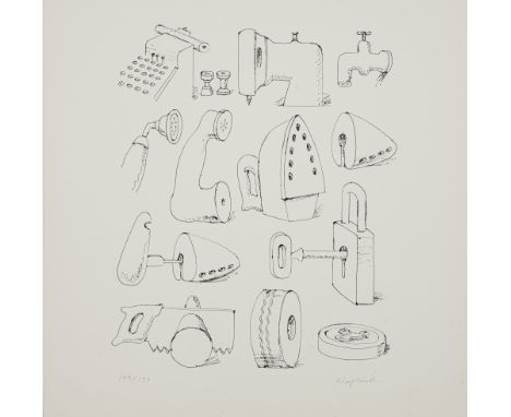 Klapheck, KonradDüsseldorf, 1935Blattgröße: 40 x 40 cm, o. R.Meine Gegenstände, 1971. Offsetlithografie auf leichtem Karton. 